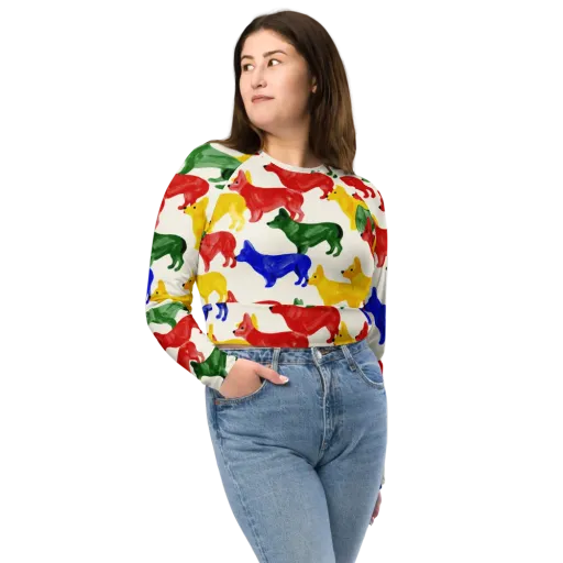 Colorful Canine Parade on a Long Sleeve Crop Top