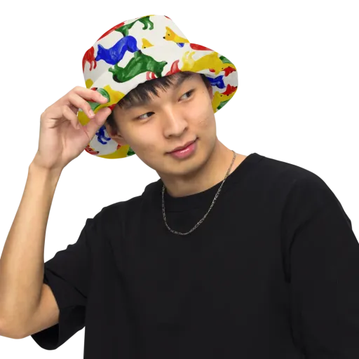 Colorful Canine Parade on a Reversible Bucket Hat