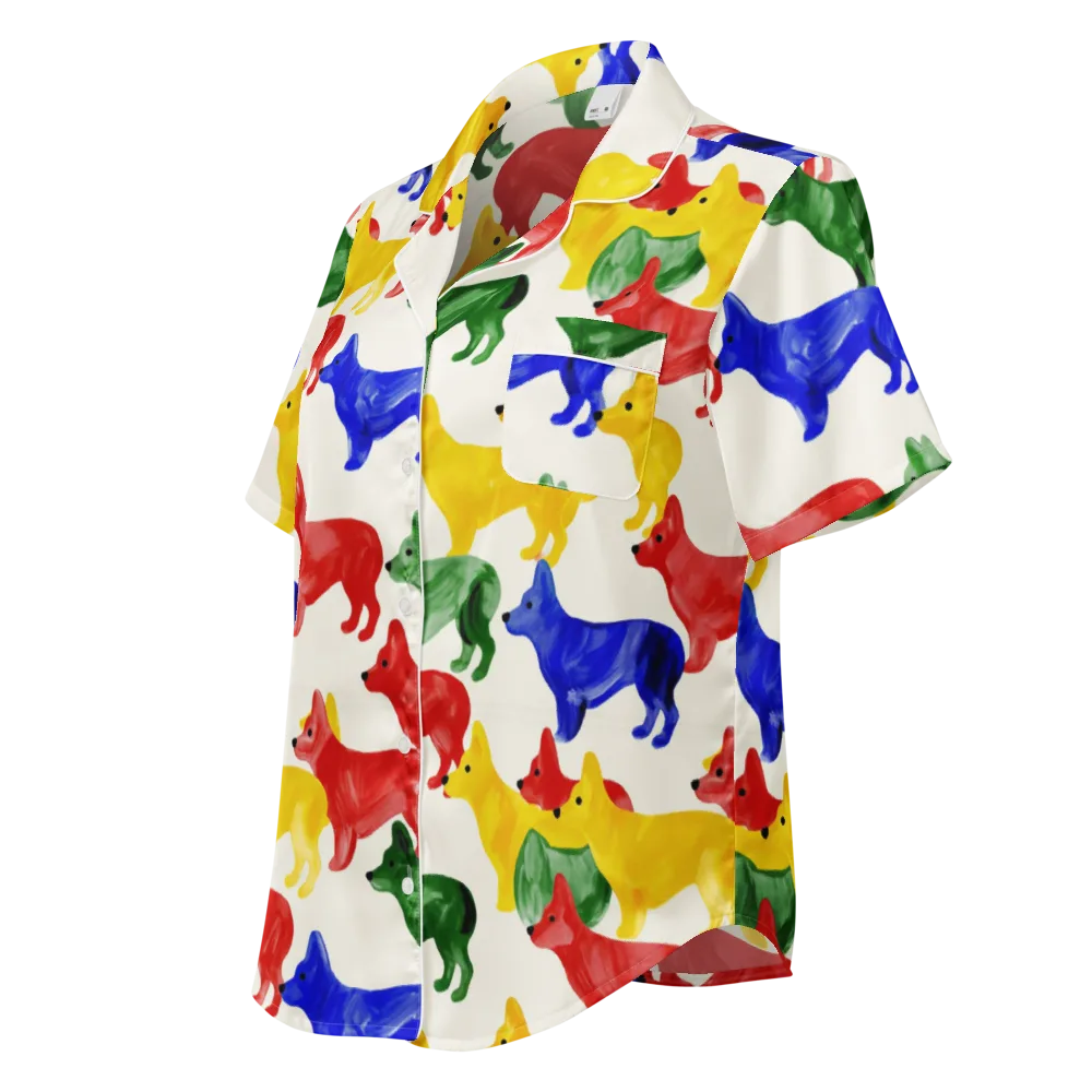 Colorful Canine Parade on Women's Short Sleeve Pajama Top — Left Front