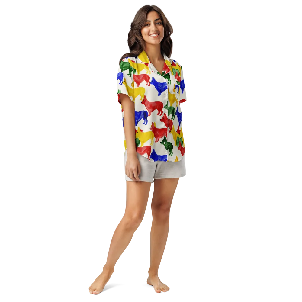 Colorful Canine Parade on Women's Short Sleeve Pajama Top — Front