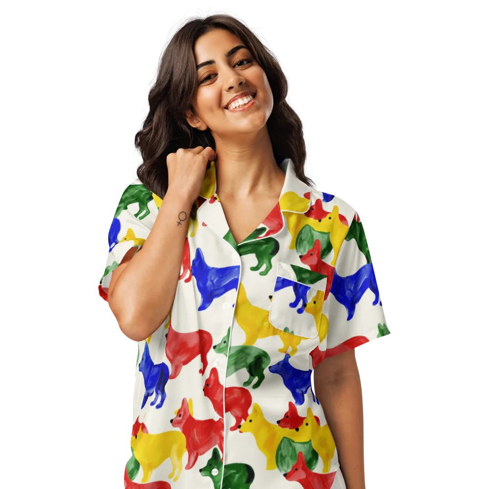 Colorful Canine Parade on Women's Short Sleeve Pajama Top — Front