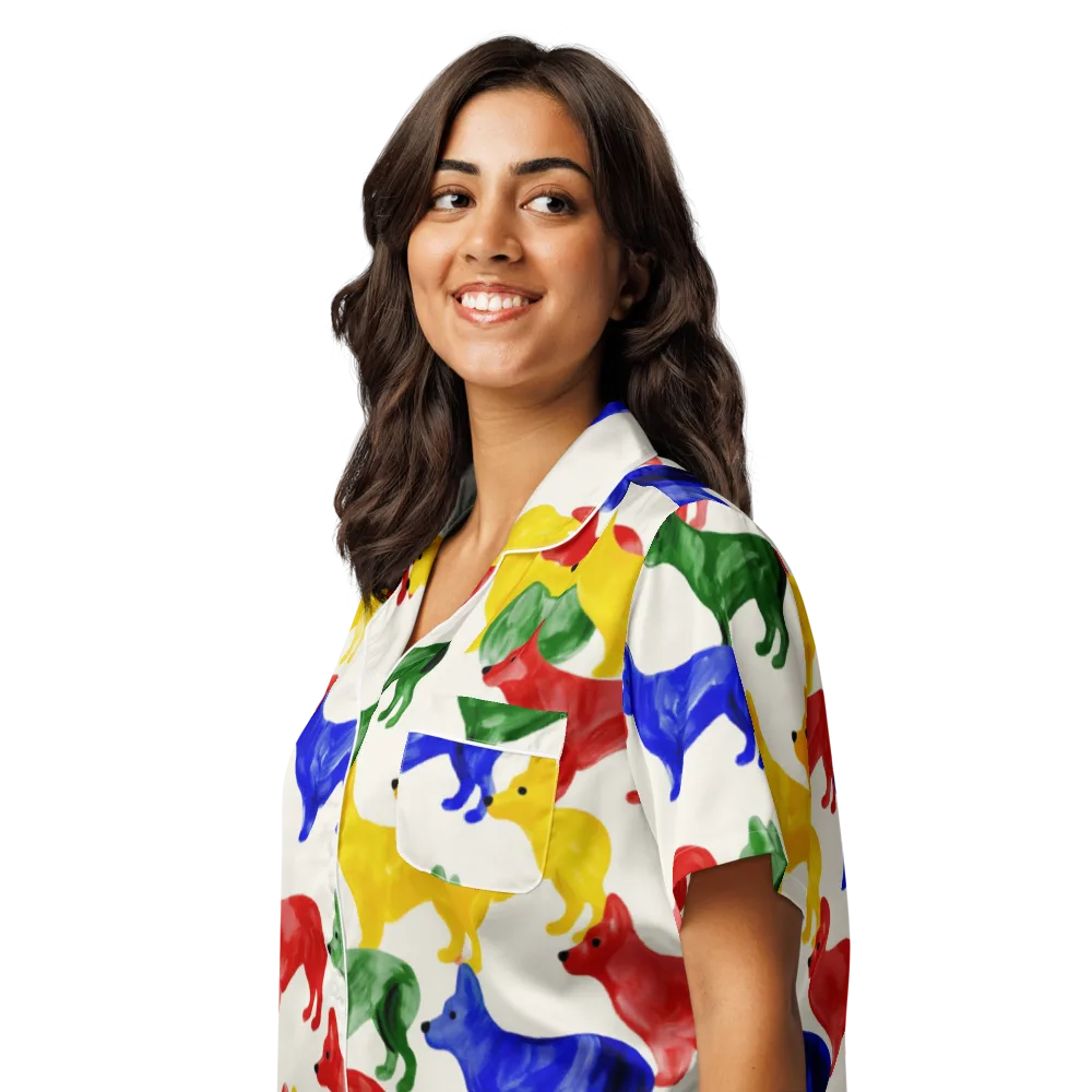 Colorful Canine Parade on Women's Short Sleeve Pajama Top — Left Front