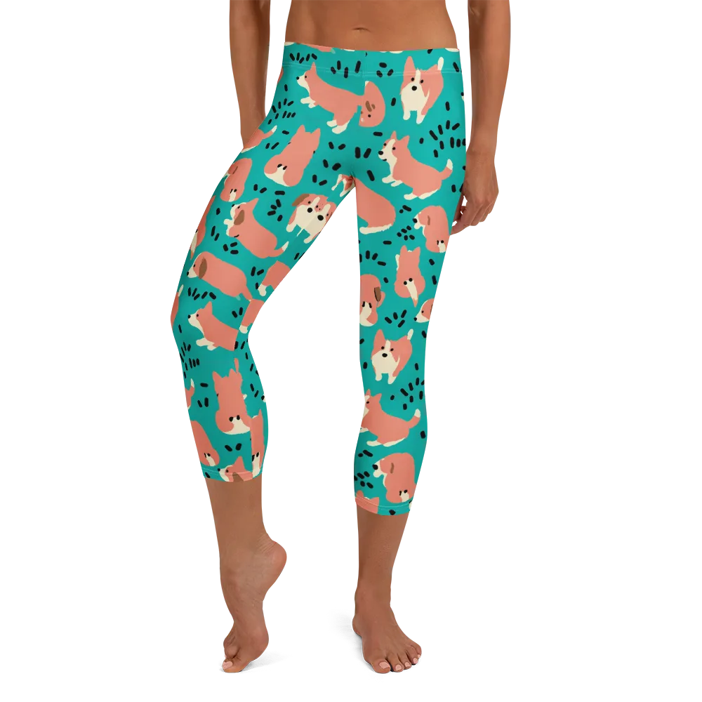 Coral Corgi Parade on Capri Leggings — Front