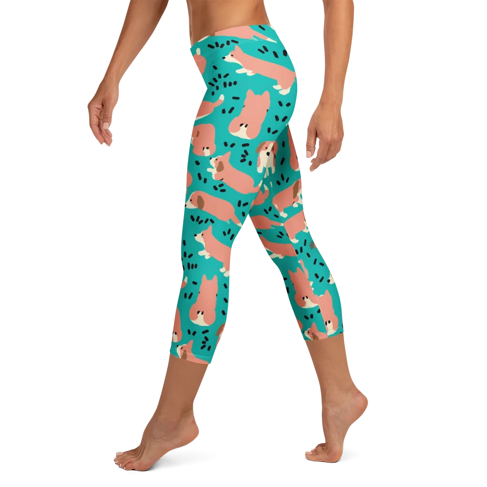 Coral Corgi Parade on Capri Leggings — Left