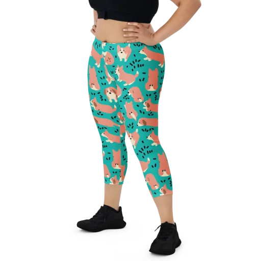 Coral Corgi Parade on a Capri Leggings