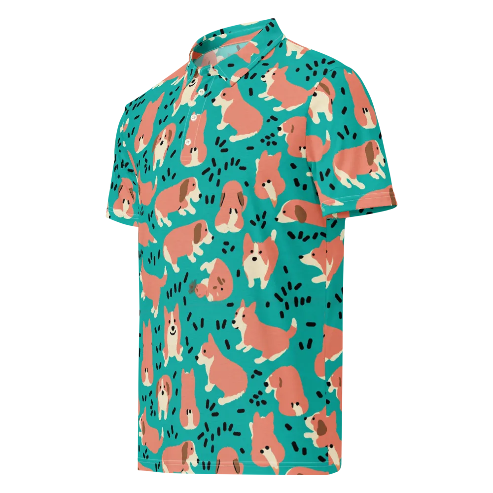 Coral Corgi Parade on Men's Slim Fit Polo Shirt — Left Front