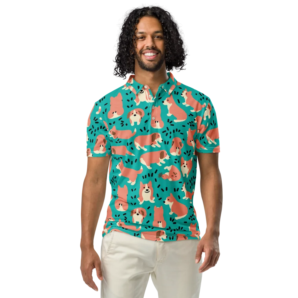 Coral Corgi Parade on Men's Slim Fit Polo Shirt — Front