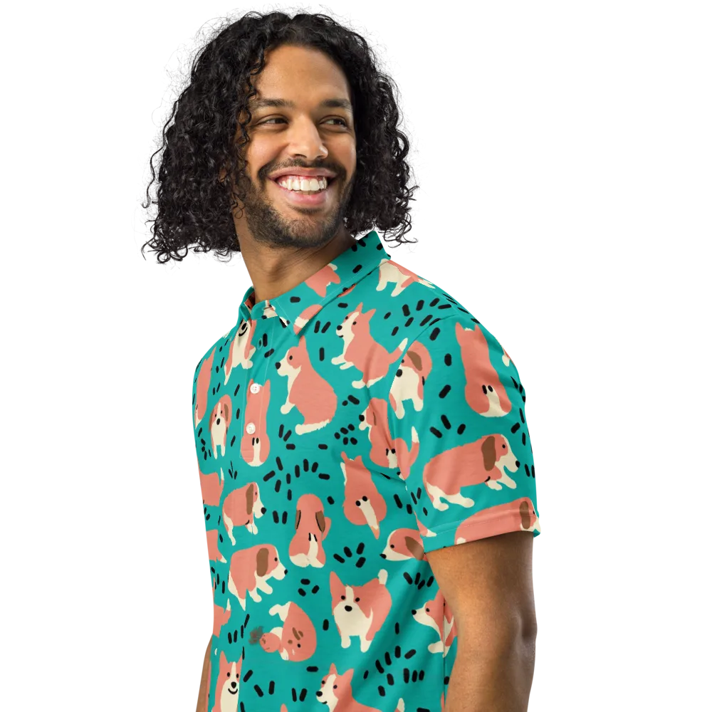 Coral Corgi Parade on Men's Slim Fit Polo Shirt — Left Front