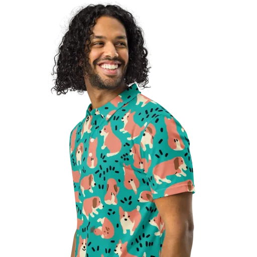 Coral Corgi Parade on a Men's Slim Fit Polo Shirt