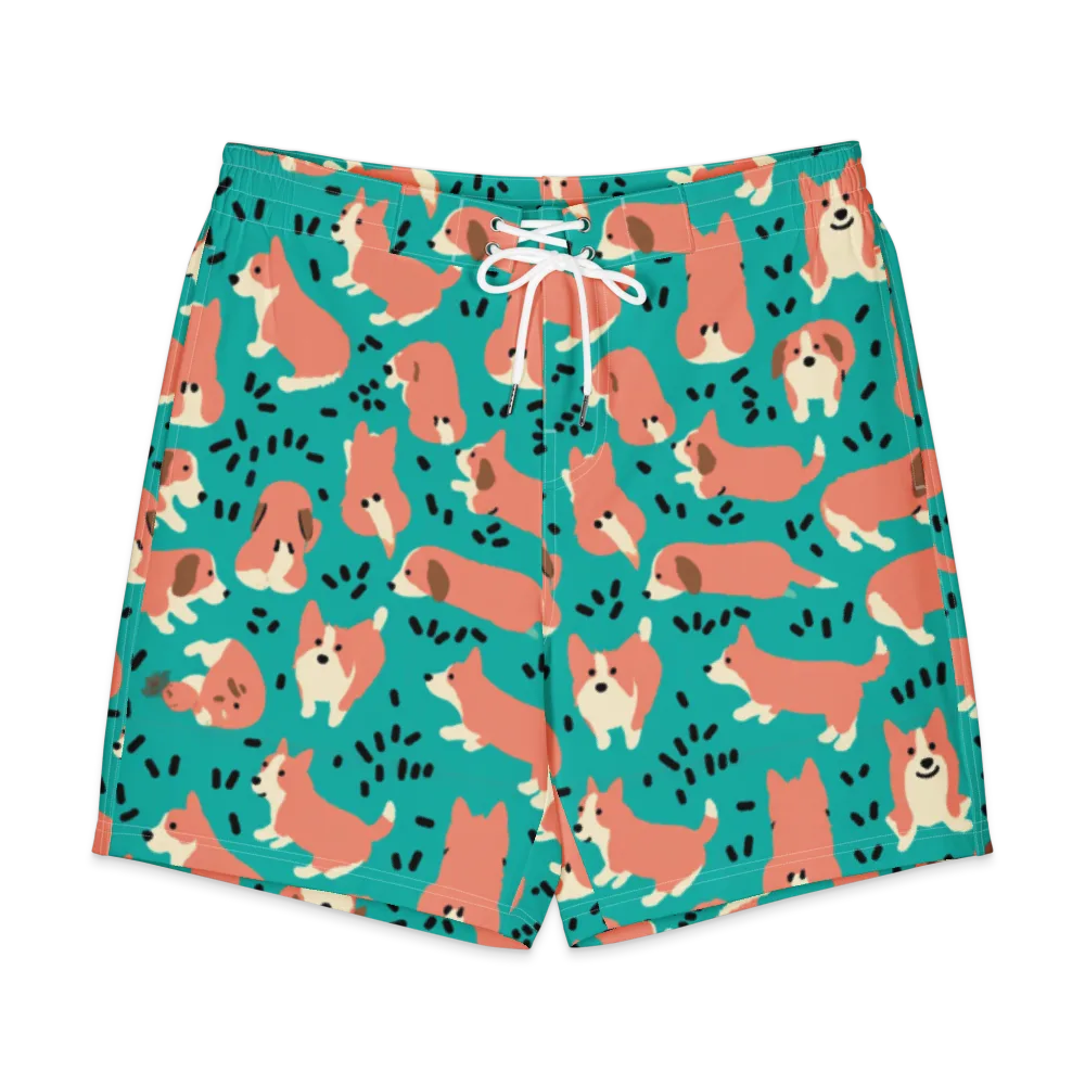 Coral Corgi Parade on Men's Board Shorts — Front