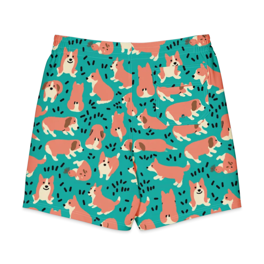 Coral Corgi Parade on Men's Board Shorts — Back