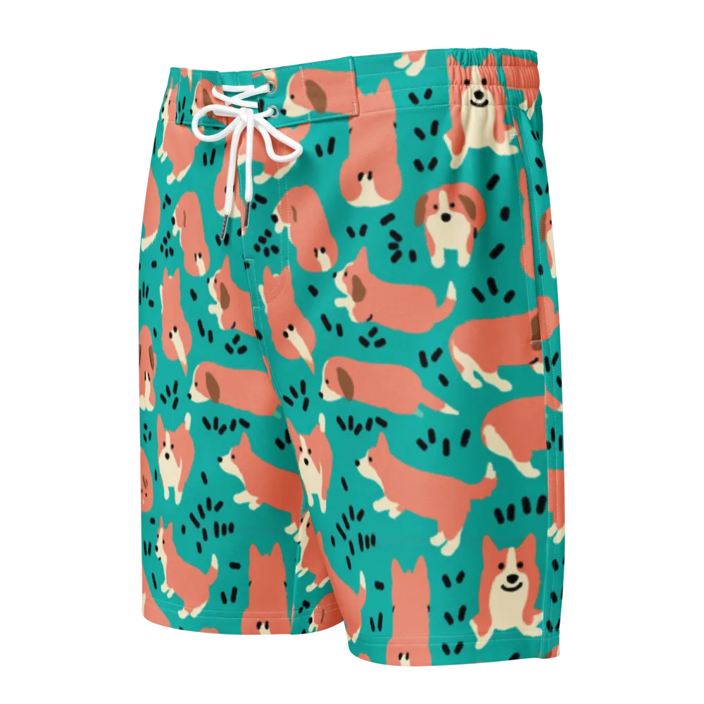 Coral Corgi Parade on Men's Board Shorts — Front