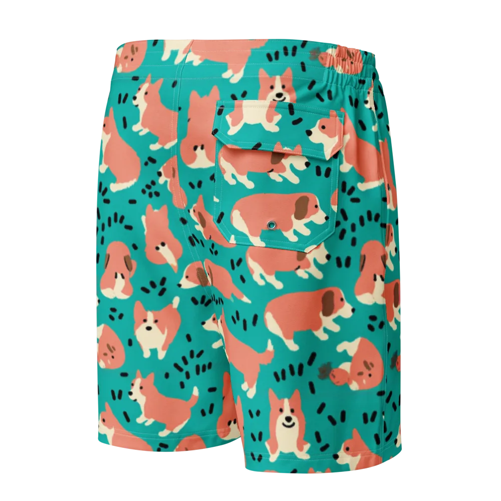 Coral Corgi Parade on Men's Board Shorts — Back
