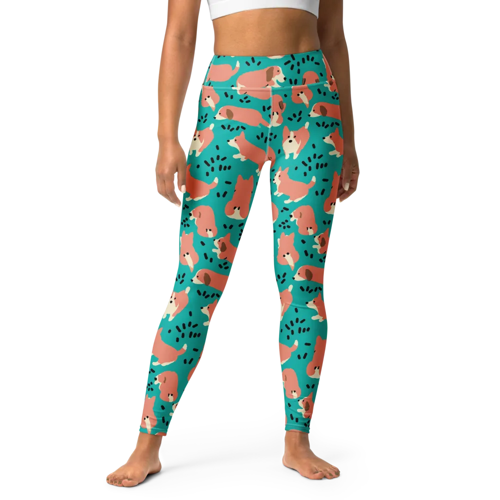 Coral Corgi Parade on Yoga Leggings — Front
