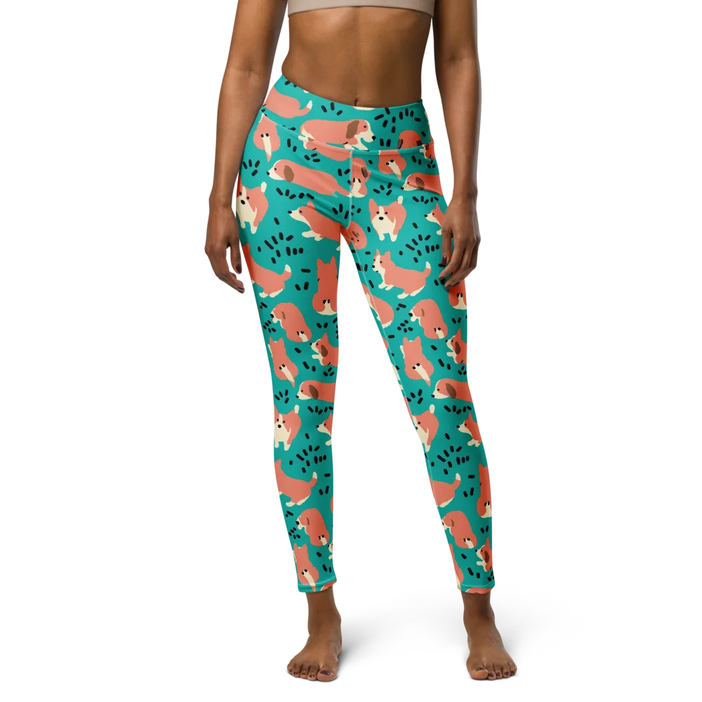 Coral Corgi Parade on Yoga Leggings — Front