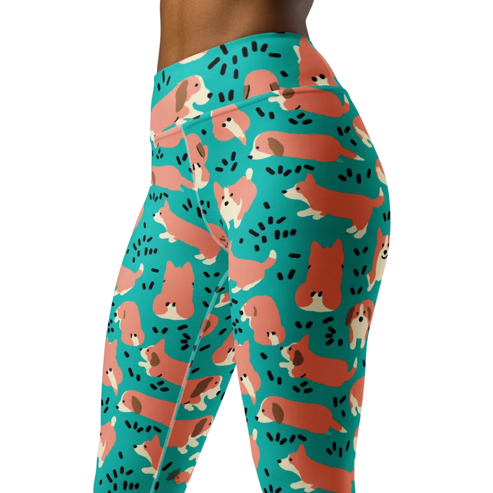 Coral Corgi Parade on Yoga Leggings — Left Front