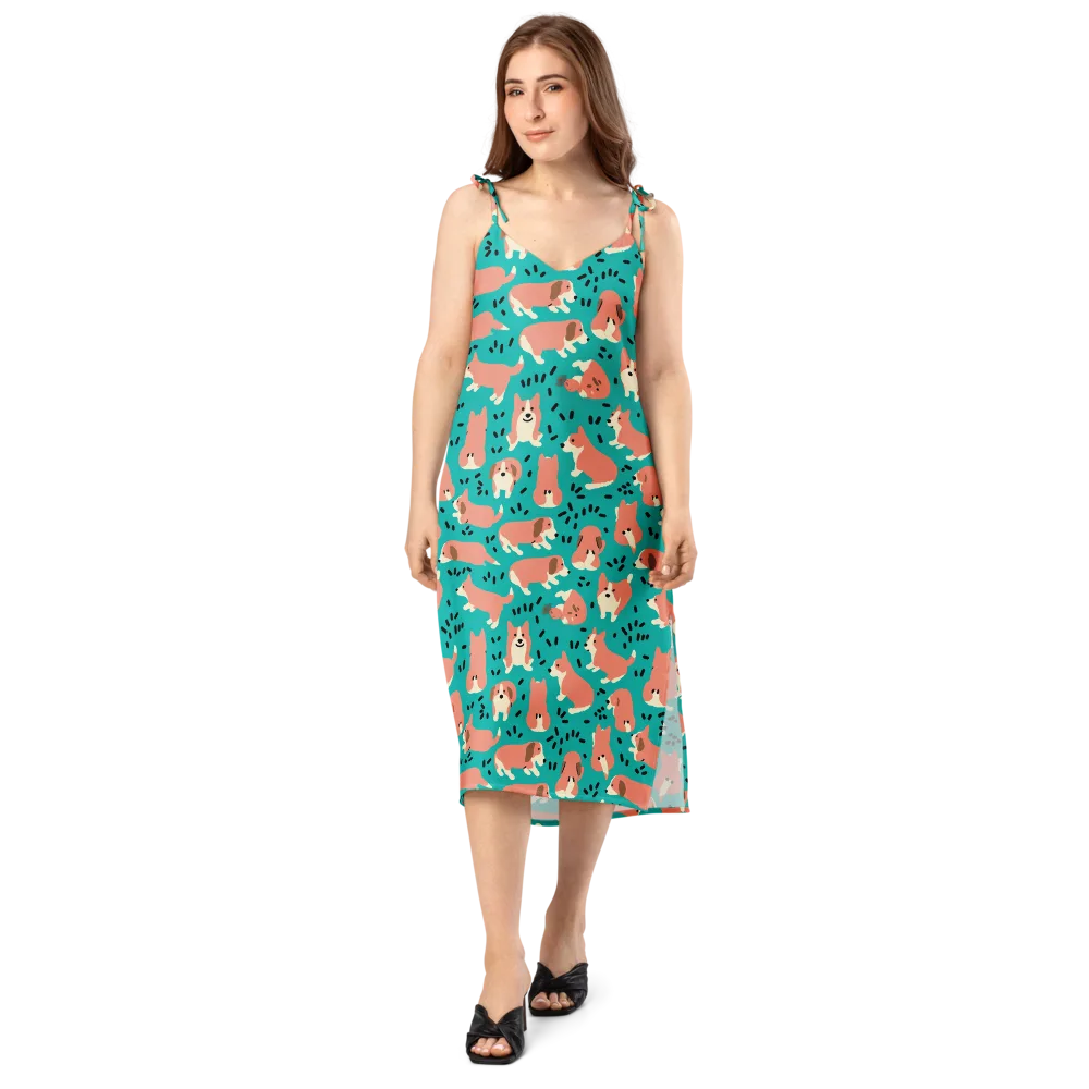 Coral Corgi Parade on Slip Dress — Front