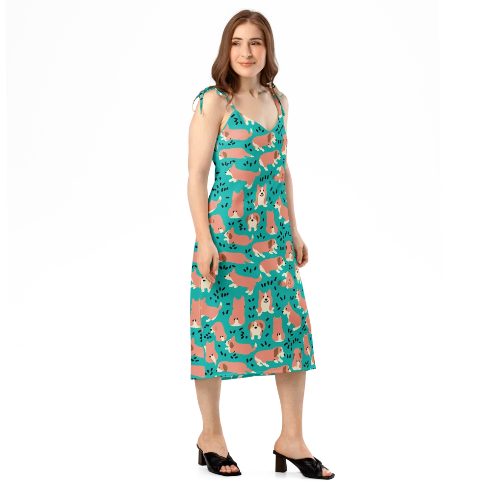 Coral Corgi Parade on Slip Dress — Right Front