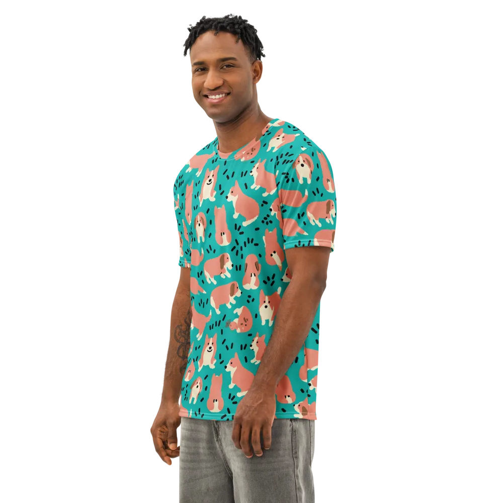 Coral Corgi Parade on Men's Cotton Crew Neck T-Shirt — Left Front