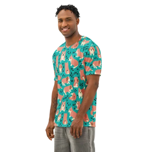 Coral Corgi Parade on Men's Cotton Crew Neck T-Shirt