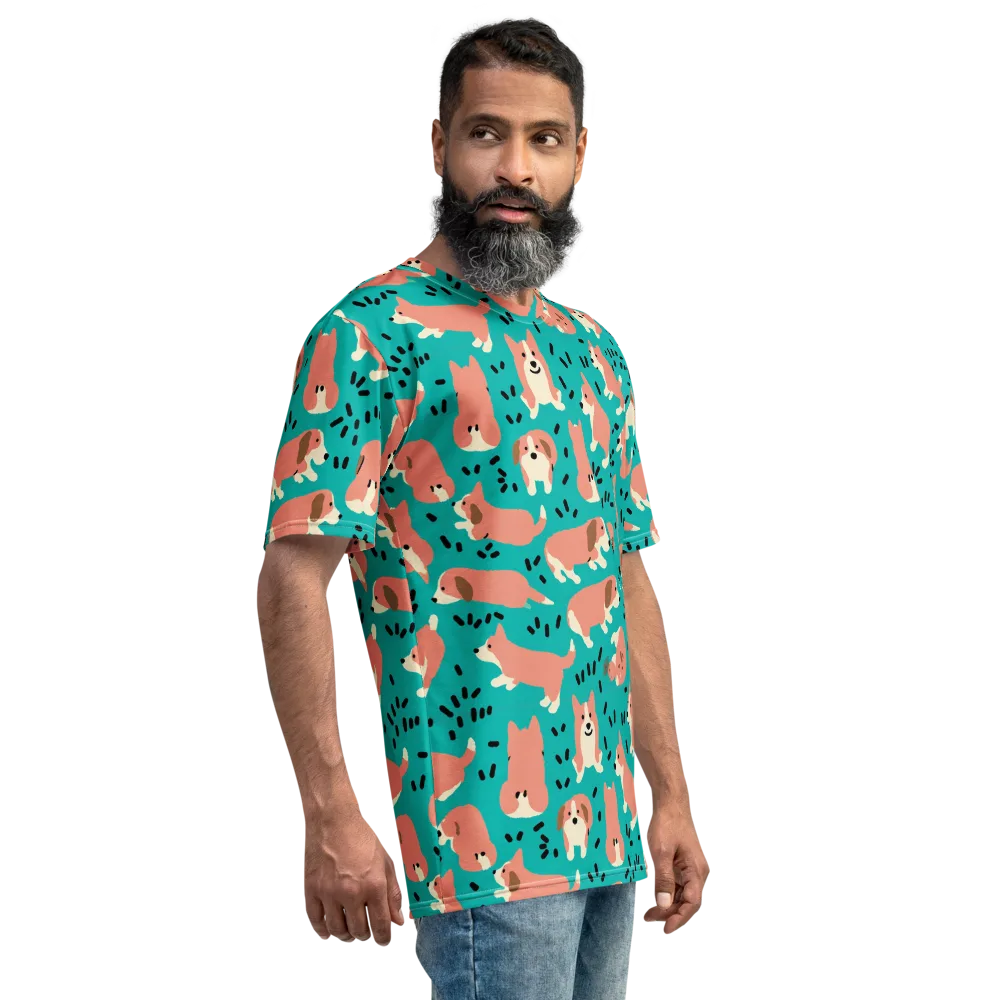 Coral Corgi Parade on Men's Crew Neck T-Shirt — Right