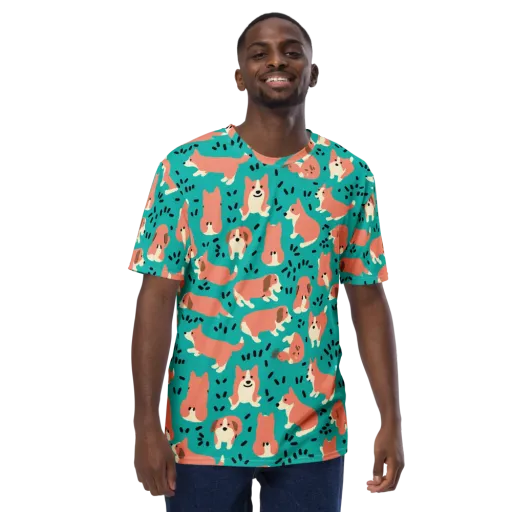 Coral Corgi Parade on a Men's Crew Neck T-Shirt