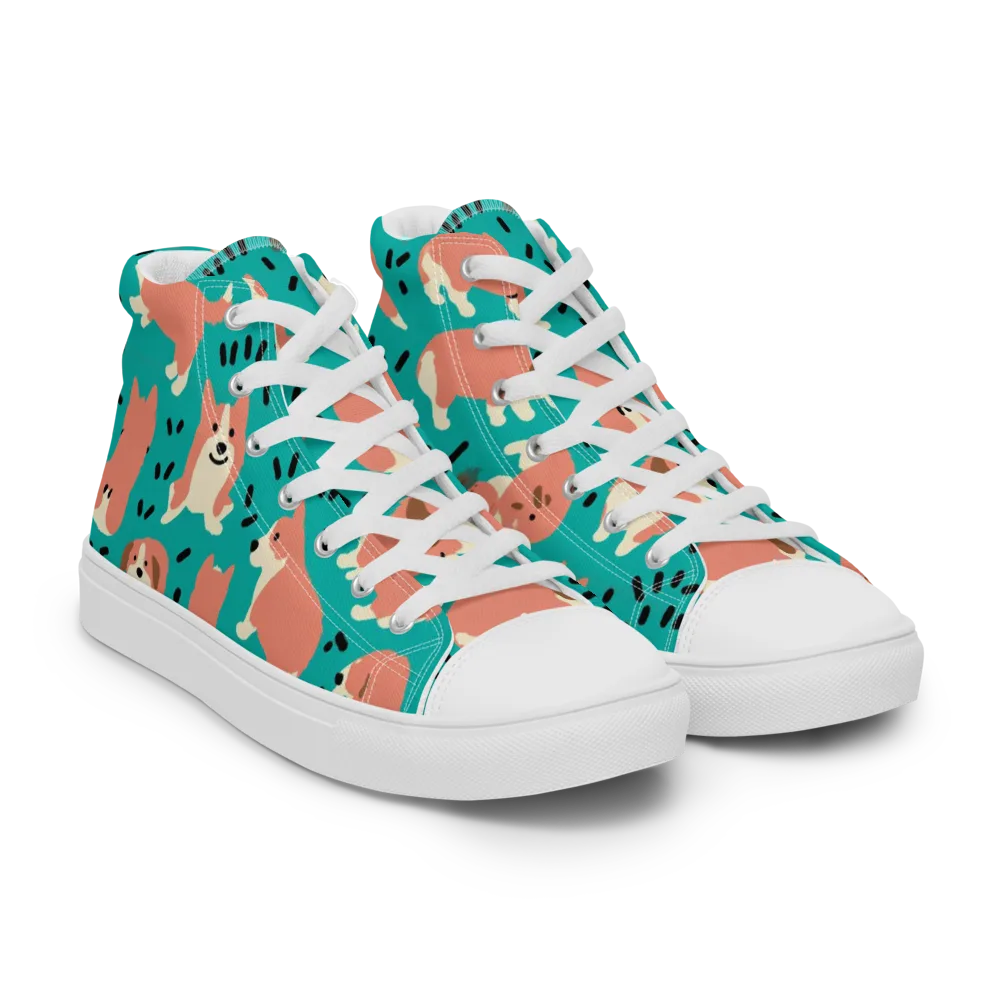 Coral Corgi Parade on Men's High Top Canvas Shoes — Right Front