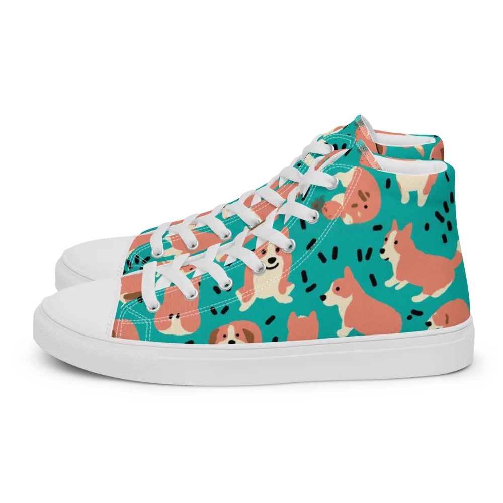 Coral Corgi Parade on Men's High Top Canvas Shoes — Left