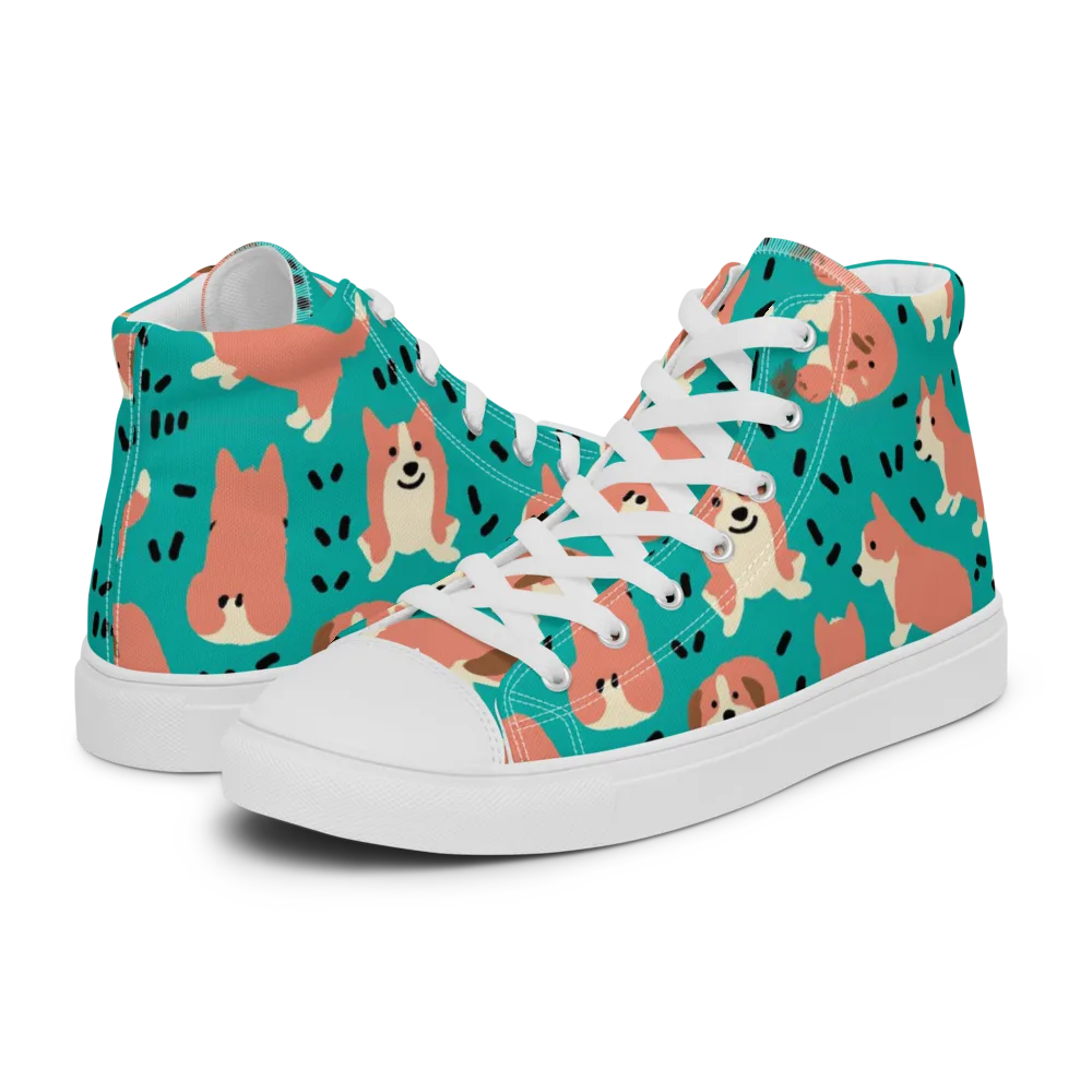 Coral Corgi Parade on Men's High Top Canvas Shoes — Left