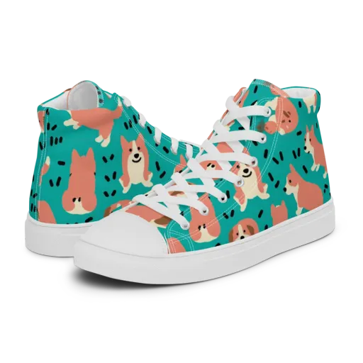 Coral Corgi Parade on a Men's High Top Canvas Shoes
