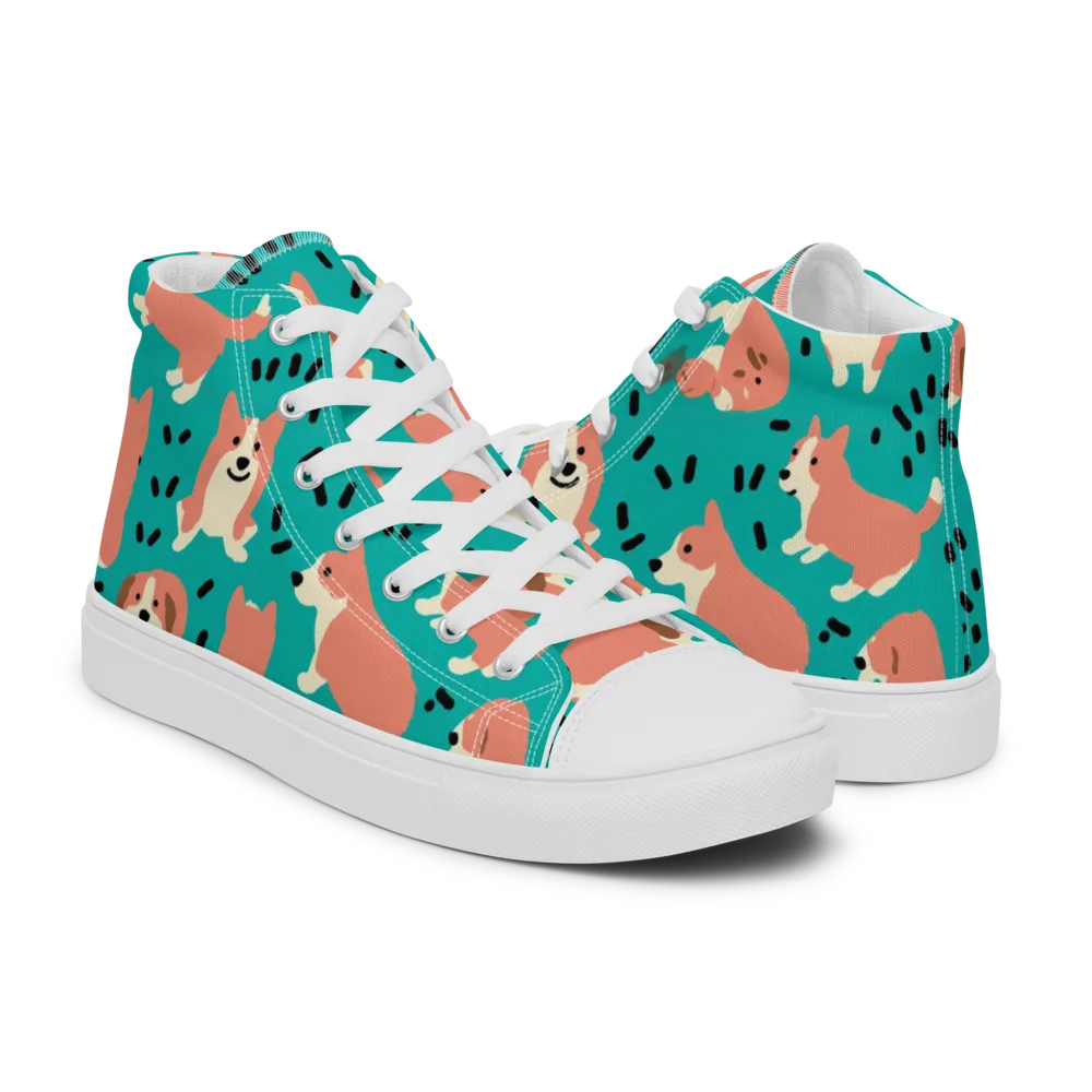 Coral Corgi Parade on Men's High Top Canvas Shoes — Right