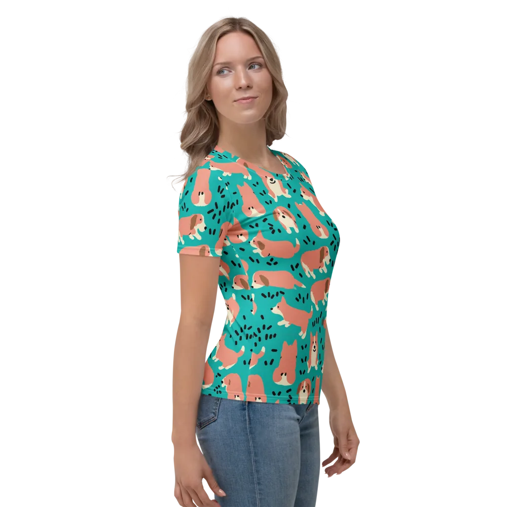 Coral Corgi Parade on Women's Crew Neck T-Shirt — Right