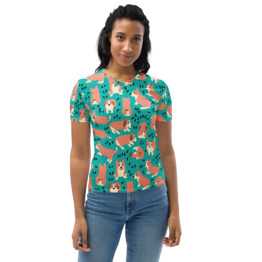Coral Corgi Parade on a Women's Crew Neck T-Shirt