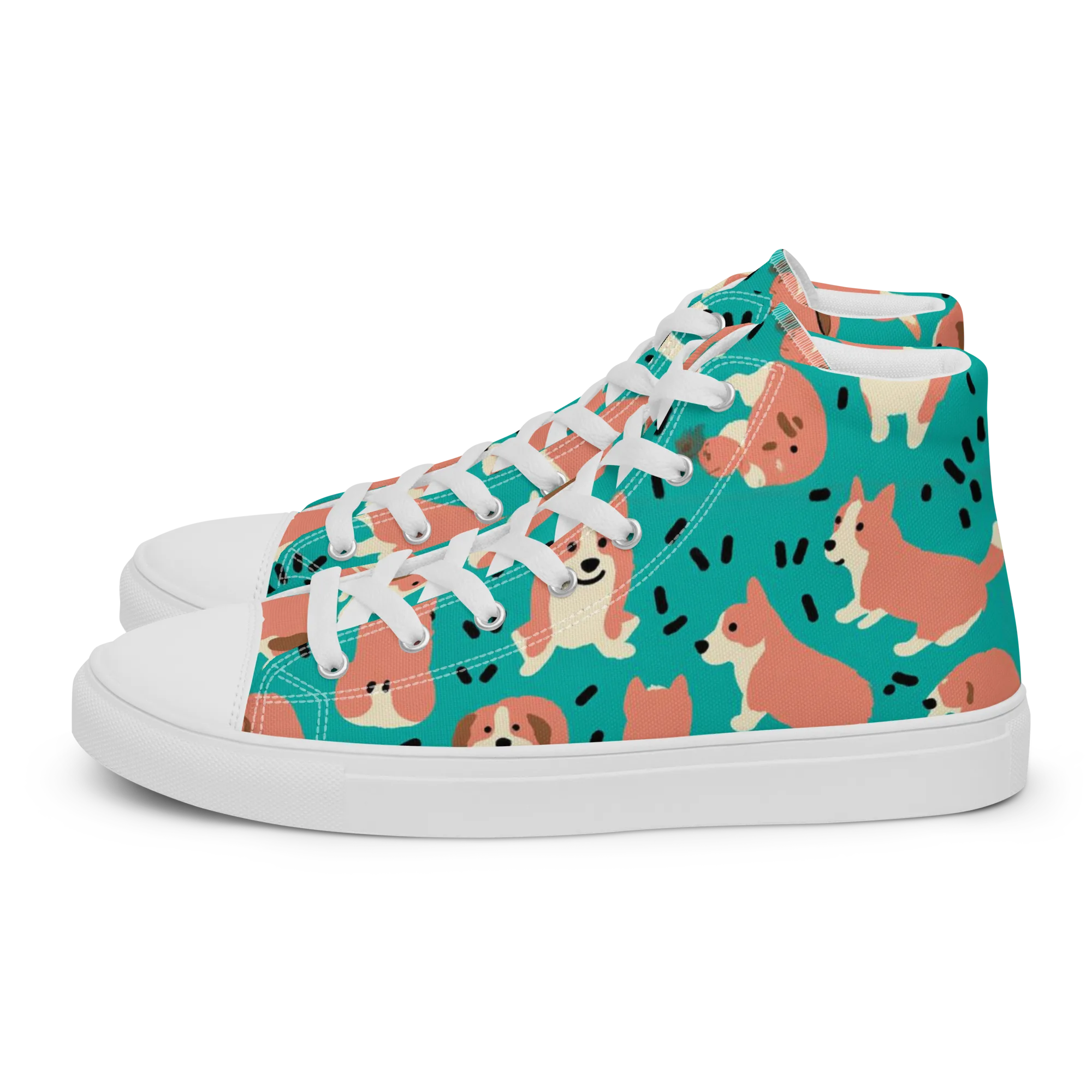 Coral Corgi Parade on Women's High Top Canvas Shoes — Left