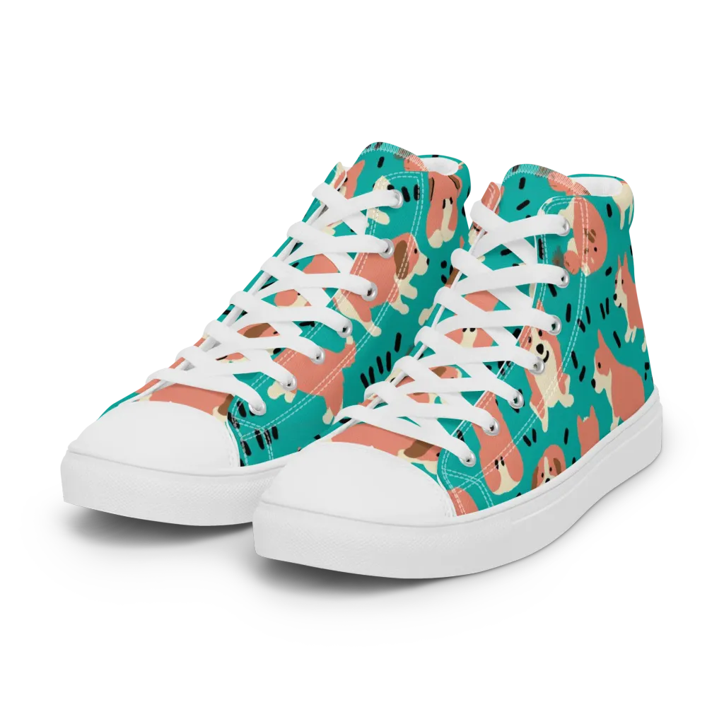 Coral Corgi Parade on Women's High Top Canvas Shoes — Left Front