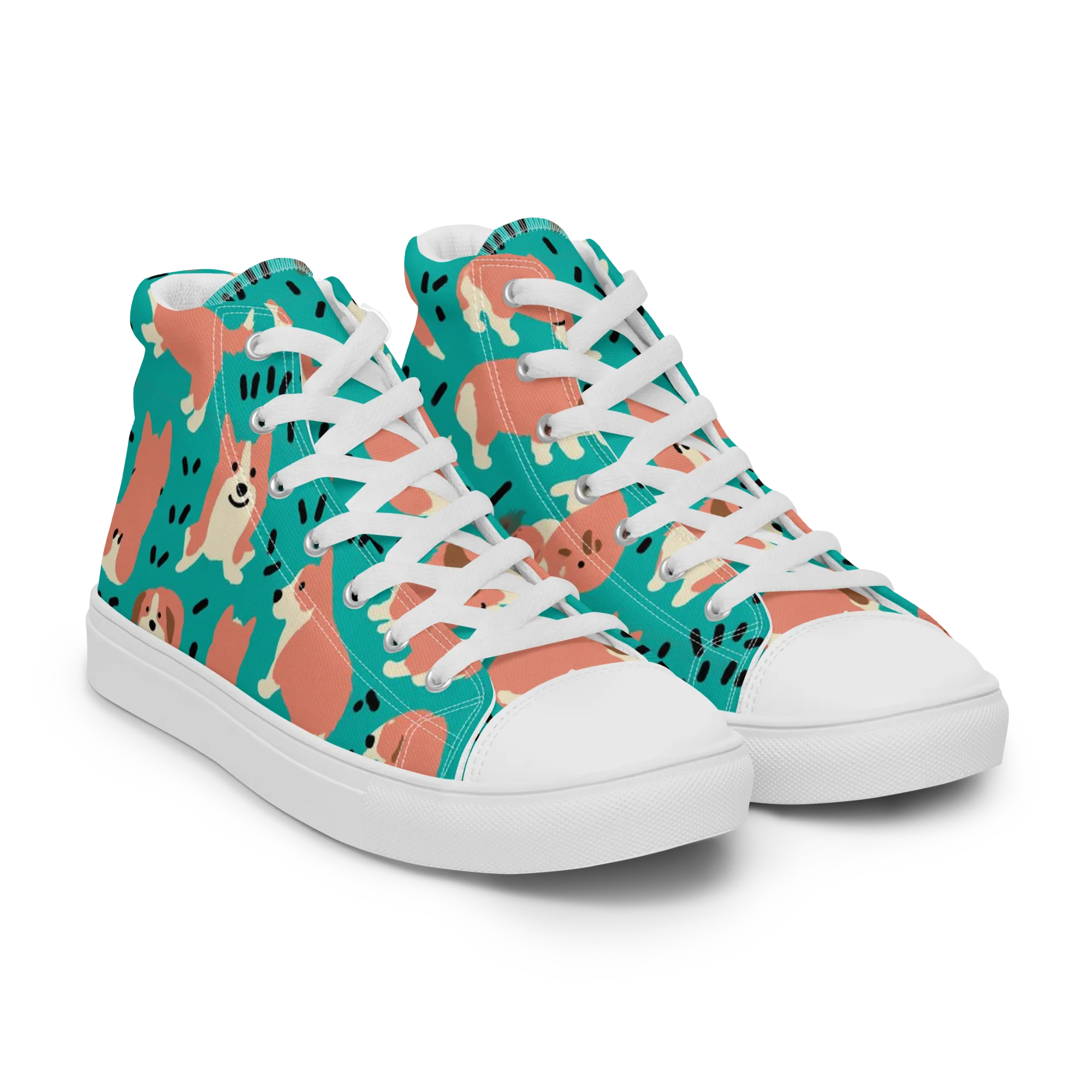 Coral Corgi Parade on Women's High Top Canvas Shoes — Right Front