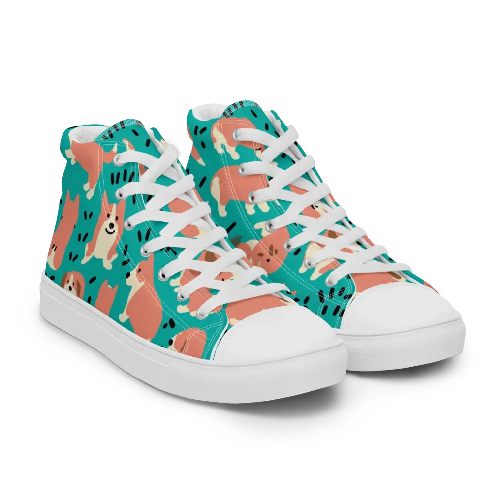 Coral Corgi Parade on Women's High Top Canvas Shoes — Right Front