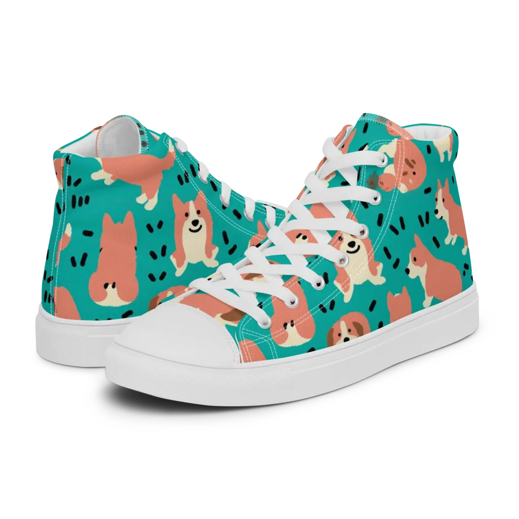 Coral Corgi Parade on Women's High Top Canvas Shoes — Left