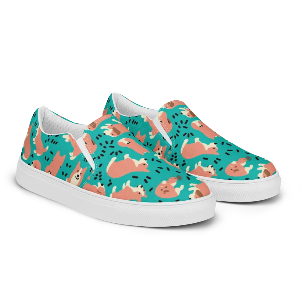 Coral Corgi Parade on Men's Slip-On Canvas Shoes — Right Front