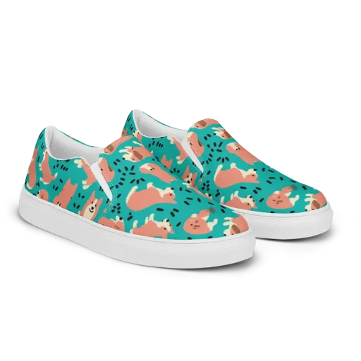 Coral Corgi Parade on a Men's Slip-On Canvas Shoes