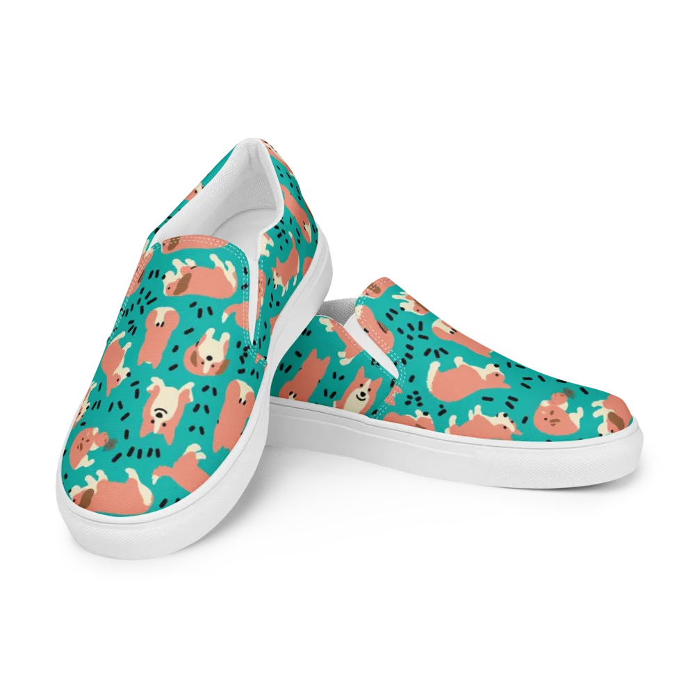 Coral Corgi Parade on Men's Slip-On Canvas Shoes — Left Front