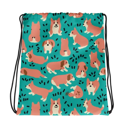 Coral Corgi Parade on a Drawstring Bag