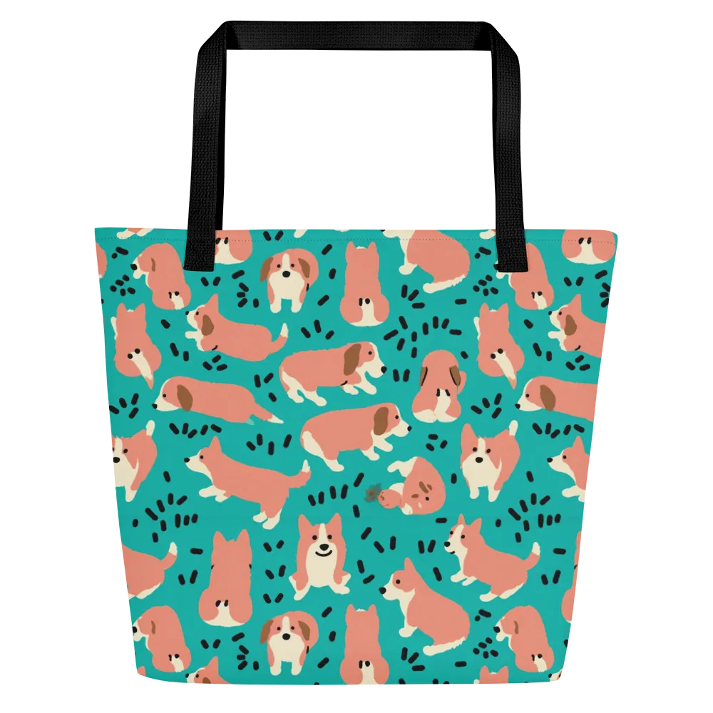 Coral Corgi Parade on Large Tote Bag W/ Pocket — Front