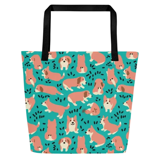 Coral Corgi Parade on a Large Tote Bag W/ Pocket