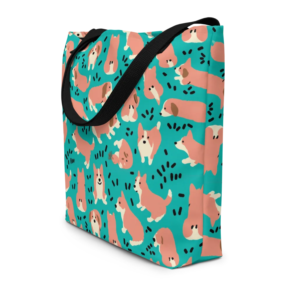 Coral Corgi Parade on Large Tote Bag W/ Pocket — Front