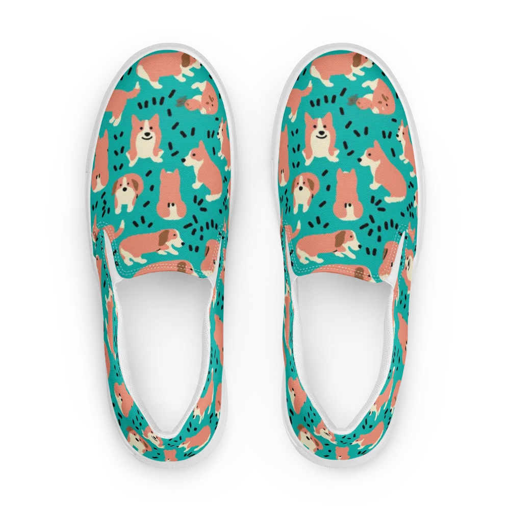 Coral Corgi Parade on Women's Slip-On Canvas Shoes — Front