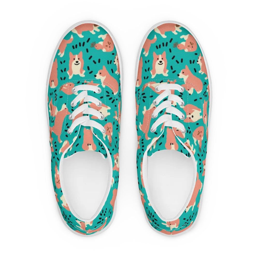 Coral Corgi Parade on Men's Lace-Up Canvas Shoes — Front