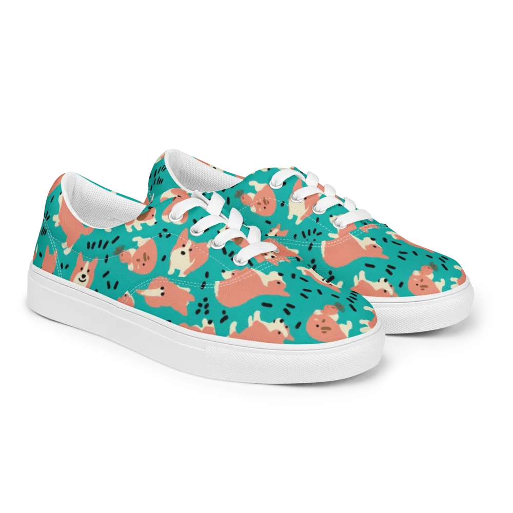 Coral Corgi Parade on Men's Lace-Up Canvas Shoes — Right Front