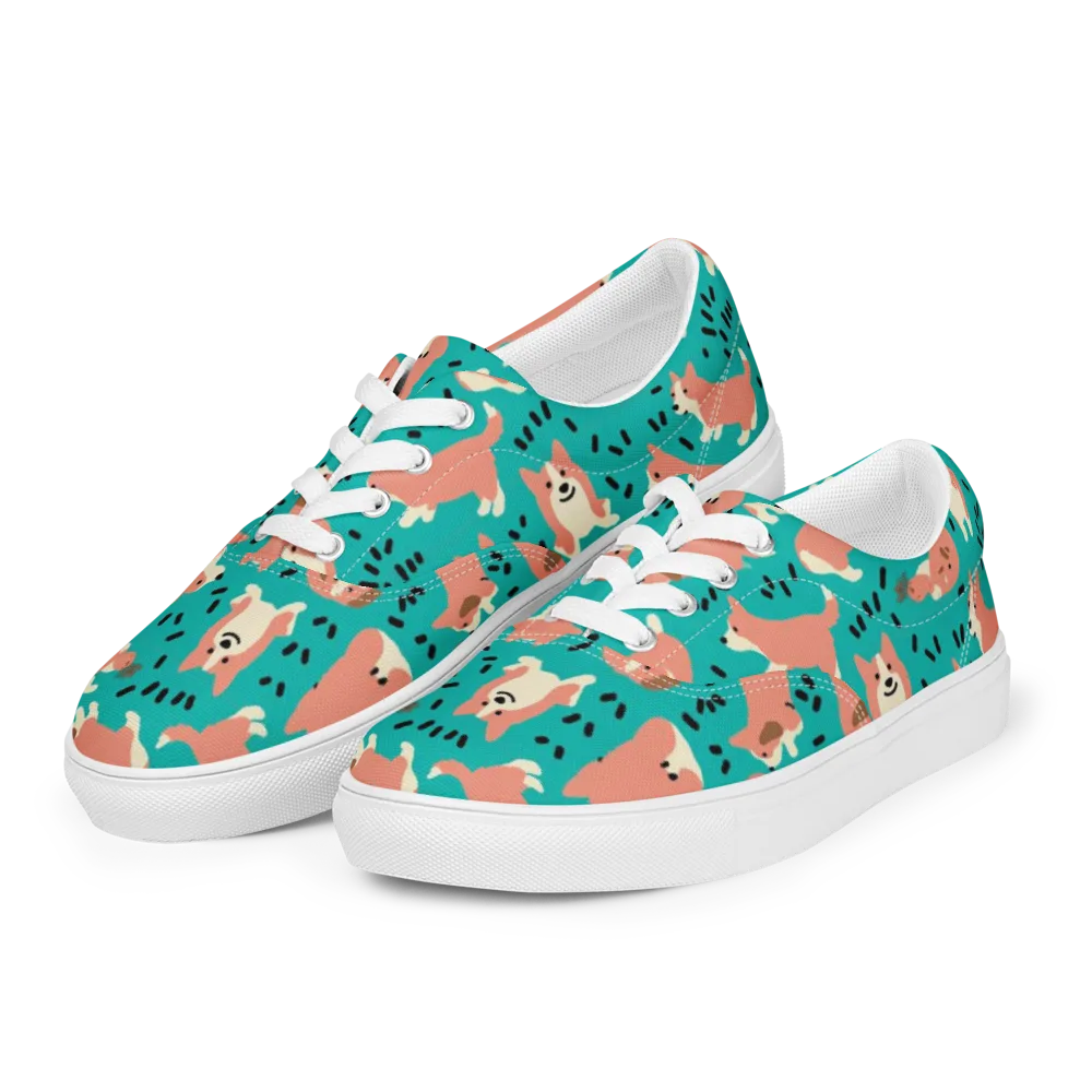 Coral Corgi Parade on Men's Lace-Up Canvas Shoes — Left Front