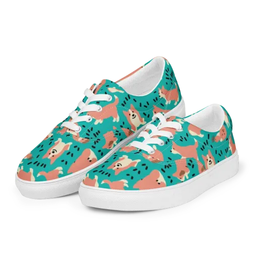 Coral Corgi Parade on a Men's Lace-Up Canvas Shoes